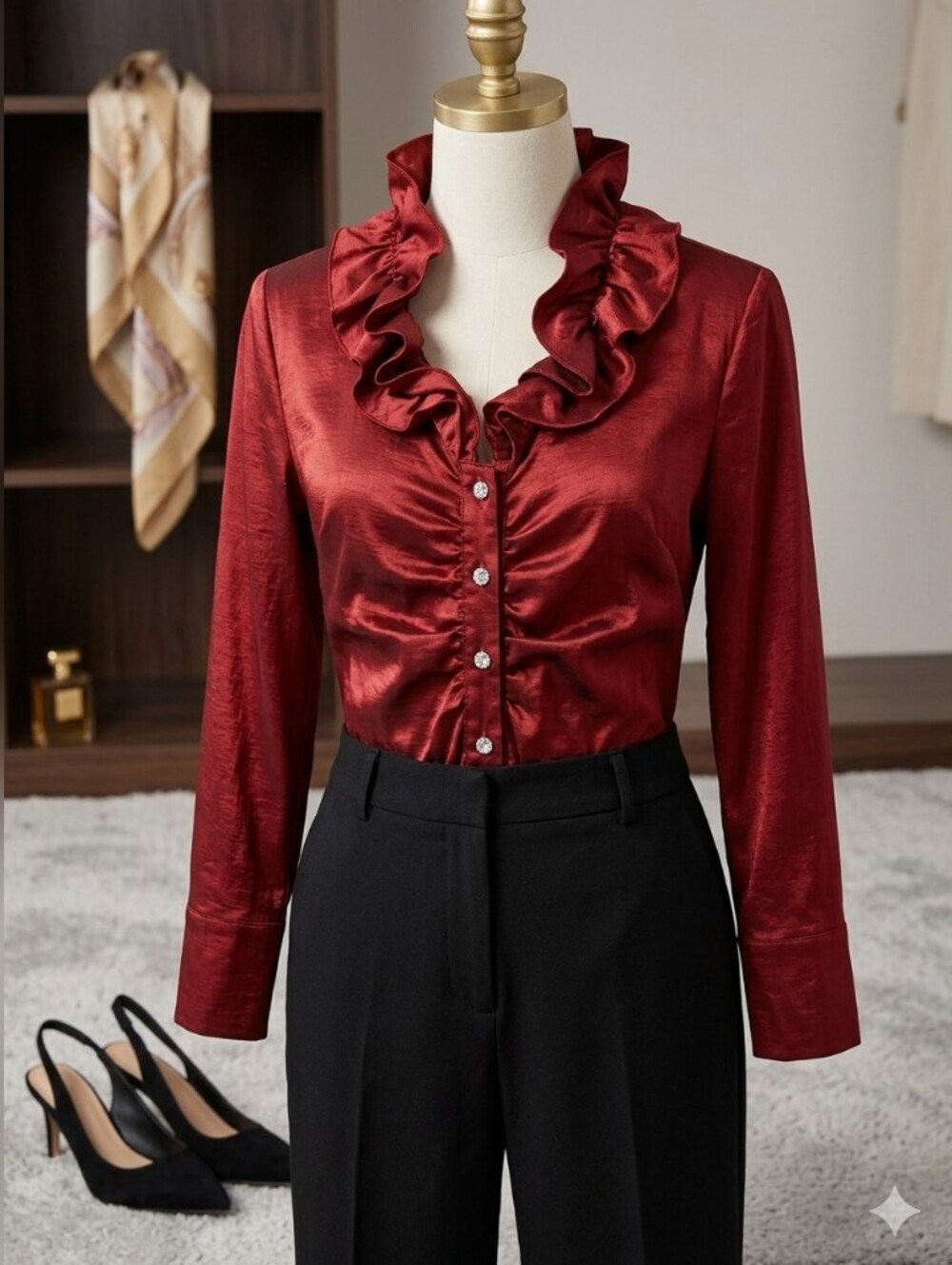 DRESSBARN COLLECTION Red High Ruffle Neck Satin Sheen Dressy Ruched Blouse Top